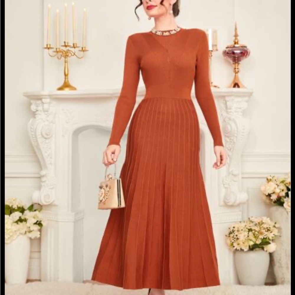Elegant Rust Long Sleeve Pleated Sweater Dress